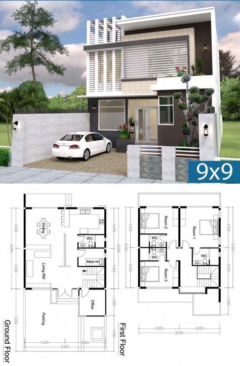 Townhouse Plans, Two Story House Design, 2 Storey House Design, Two Story House, Duplex House Plans, Modern Style House Plans, House Construction Plan, House Layout Plans, Model House Plan