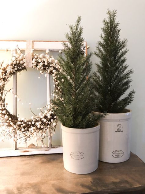 Christmas Evergreen Decor, White Birch Christmas Decor, Non Christmas Winter Decor, Crock Decor, Mantel Living Room, Christmas Crock, Christmas Decor Living Room, Winter Living Room Decor, Winter Room