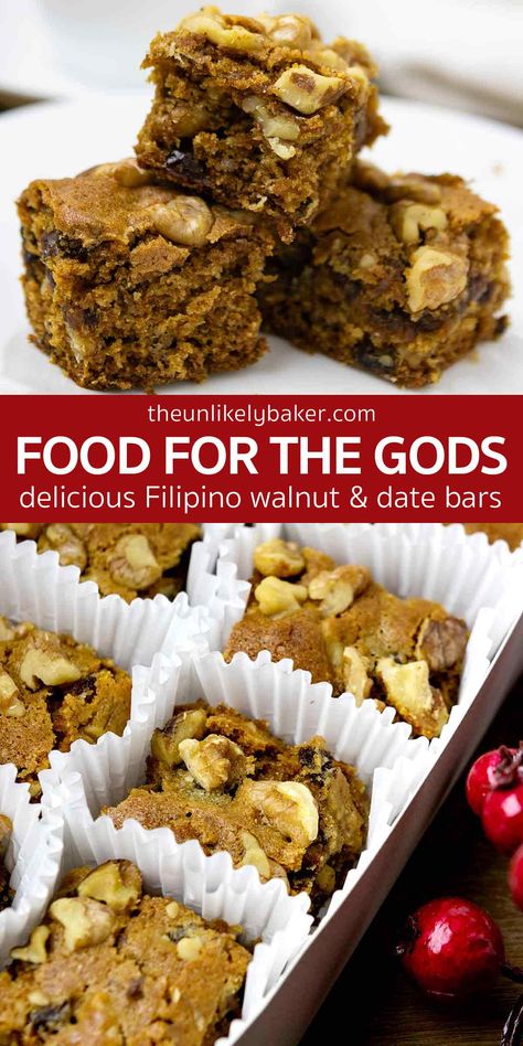 This is the best, easiest food the gods recipe, a popular Filipino Christmas treat. Similar to butterscotch bars but packed with dates and walnuts, they’re easy to make, delicious, and a joy to give out to loved ones during the holidays. Check out the recipe with lots of tips and FAQs for perfect food for the gods every time. Food Recipes Filipino, Phillipino Desserts, Dessert With Dates Easy, Food For The Gods Recipe, Filipino Holiday Dishes, Filipino Christmas Desserts, Filipino Desserts Recipes, Filipino Cookie Recipes, International Christmas Desserts