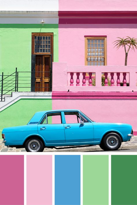 A playful pink and green color palette with a vibrant, pastel pink and green house facade, complemented by a bright blue car parked in front, bringing a burst of color to the urban scene. Pastel Vibrant Color Palette, Green House Facade, Green Pink And Blue Color Scheme, Pink And Green House, Pink Green Color Palette, Pink And Green Color Palette, Faith Aesthetic, Color Scheme Generator, Green Color Palette