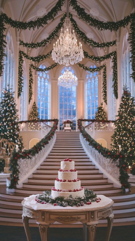 Luxurious Christmas-themed wedding venue with decorated staircase, crystal chandeliers, white cake, and twinkling fairy lights Wedding Ideas Christmas Theme, Victorian Christmas Wedding Theme, Red And White Christmas Wedding, Christmas Wedding Venue Ideas, Christmas In July Wedding Theme, Elegant Christmas Wedding Ideas, Classy Christmas Wedding, Christmas Church Wedding, Blue Christmas Wedding