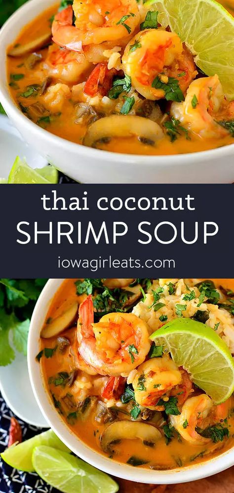 Thai Coconut Shrimp Soup - Iowa Girl Eats Recipes Gluten Free Dinner, Thai Coconut Shrimp, Dinner Recipes Gluten Free, Thai Shrimp Soup, Smoked Seafood, Gluten Free Chicken Broth, Thai Soup Recipes, Soup Recipes Easy, Shrimp Soup Recipes