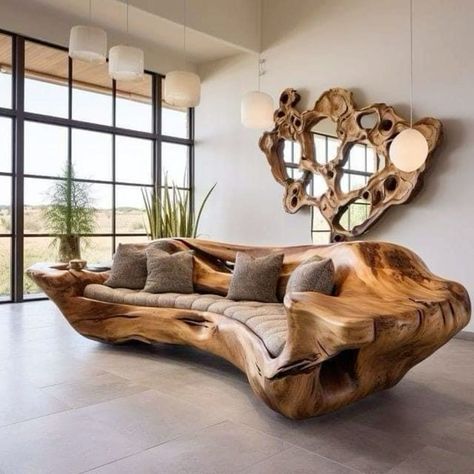 Traditional Cushions, Unique Furniture Design, Wood Furniture Design, Live Edge Furniture, Wooden Sofa, Beautiful Interior Design, January 7, Dream House Decor, Unique Furniture