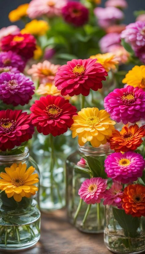 Zinnia Photography, Zinnias Flowers, Crystal Jars, Watch Pictures, Pretty Bouquet, Book Vibes, Dreamy Places, Nature Photography Flowers, Bloom Where Youre Planted