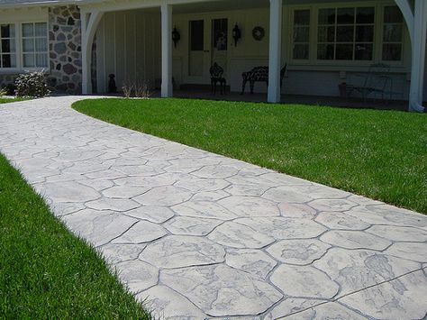 Stamped and colored concrete walkway Stamped Walkway, Modern Walkway, Stamped Concrete Patio Designs, Stamped Concrete Walkway, Mosaic Walkway, Stamped Concrete Driveway, Colored Concrete, Paving Ideas, Backyard Walkway