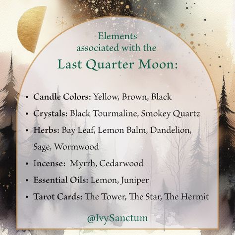 🌗✨ Boost Your Last Quarter Moon Phase Rituals With These Elements ✨🌗 These elements align with the Last Quarter Moon's themes of reflection, release and removal of negative influences, and preparation for new beginnings. Use them to support your magickal rituals and spells during this time: 🕯️ Candle Colors: Black to banish negative energies and provide strong protection. Brown complements this by grounding and neutralizing. Yellow brings clarity and illumination. 💎 Crystals: Black Tourmal... Full Moon Candle Ritual, Last Quarter Moon Magic, Last Quarter Moon Ritual, Crystals For New Moon, Last Quarter Moon, Candle Colors, Moon Altar, Moon Magick, Quarter Moon