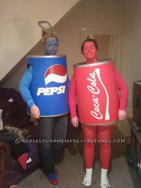 I bought a red and blue waste disposal bin from the internet two days before our fancy dress night out. I got my jigsaw out and turned the bins upside down Soda Can Halloween Costume, Pepsi Halloween Costume, Coke And Pepsi Costume, Soda Can Costume Diy, Fancy Dress Duos Costume Ideas, Duo Fancy Dress Costumes, Couple Fancy Dress Ideas, Pepsi Costume, Blue Costume Diy