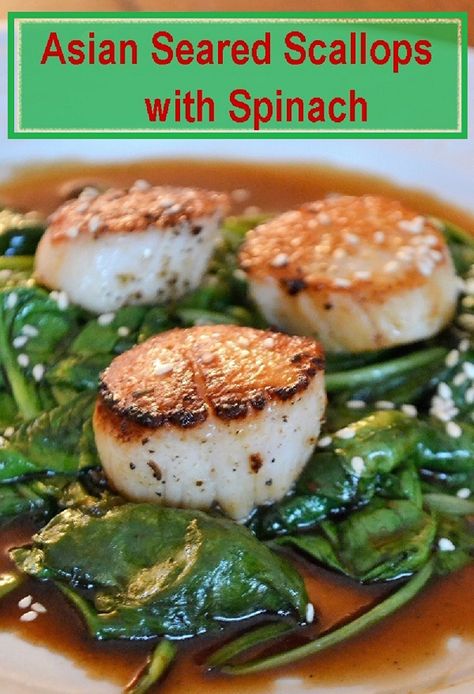 Pan Seared Asian Scallops with Spinach #easyrecipe #scallops Japanese Scallop Recipes, Asian Scallop Recipes, Scallops And Spinach Recipe, Asian Scallops, Best Scallop Recipe, Bay Scallop Recipes, Seafood Scallops, Ponzu Sauce, How To Cook Scallops