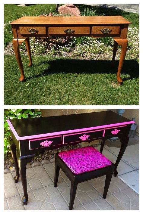 Repurposed Desk & Stool.......... Refurbished Furniture Diy, Diy Furniture Redo, Diy Vanity, Vanity Ideas, Funky Furniture, Makeup Room, Furniture Redo, Refurbished Furniture, Painting Furniture