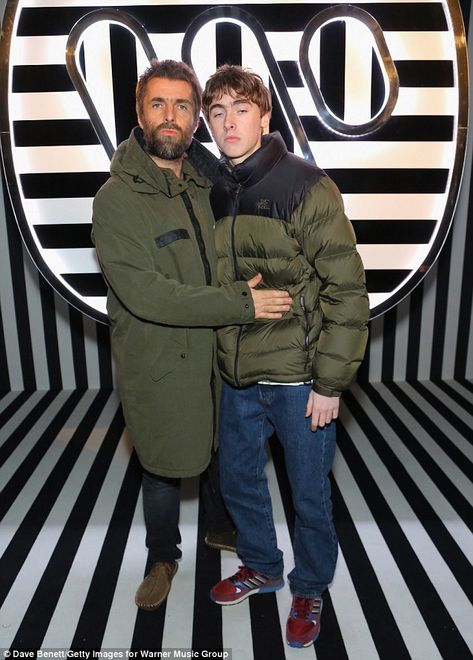 Family outing: Liam Gallagher, 45, struck a matching snarly pose with look-a-like son Gene... #celebritykids #celebrities Lennon Gallagher Style, Gene Gallagher Girlfriend, Liam Gallagher Jacket, Debbie Gwyther, The Gallaghers, Georgia Toffolo, Estranged Daughter, Patsy Kensit, Oasis Style