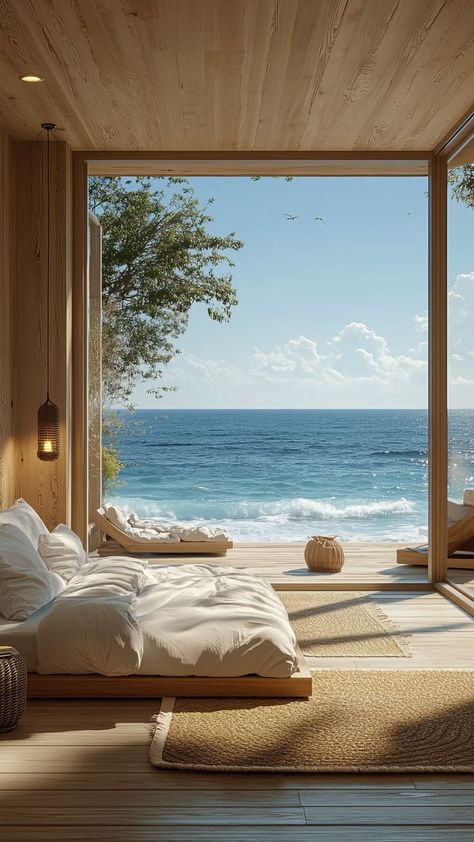 Indoor Outdoor Bedroom, Ocean View Aesthetic, House Ocean View, Bedroom With View, Ocean View Living Room, Sea View Bedroom, Ocean View Home, Natural Wood Accents, Mediterranean Interior Design