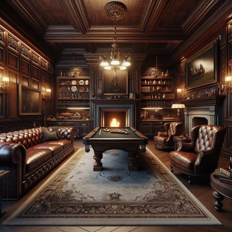 Experience luxury in a classic man cave with dark wood paneling, a leather sofa, stone fireplace, and antique billiard table. Enjoy a well-stocked mahogany bar and displays of vintage memorabilia. The room features plush carpets, high-tech entertainment, and a book-filled library. #LuxuryManCave #VintageInteriors #ClassicDecor #HomeBar #BilliardRoom #AntiqueFurniture Traditional Billiard Room, Vintage Gentleman Room, Whisky Lounge, Luxury Home Library, Dark Wood Paneling, Gentlemens Room, Open Kitchen Restaurant, Mahogany Bar, Gentlemen Club