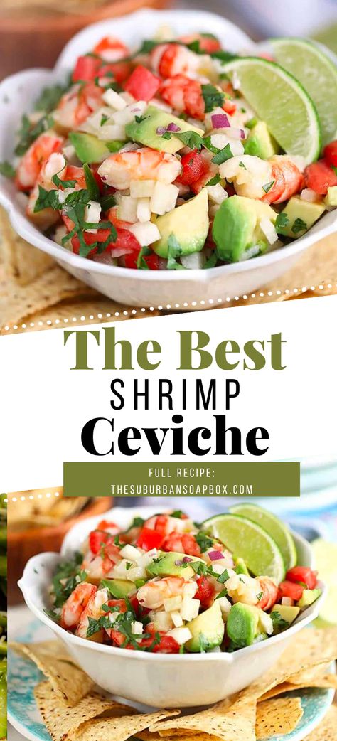 This Easy Shrimp Ceviche recipe is the best dish for summer. Cool, light and refreshing, easy Shrimp Ceviche is made with just a few simple ingredients creating a flavor explosion for your tastebuds. Fresh cooked shrimp, crisp veggies, buttery avocado are all tossed in a light dressing for an easy dish that is great as a dip or a light summer salad. Shrimp And Scallop Ceviche, Ceviche Recipes Shrimp, Shrimp And Scallop Ceviche Recipe, Best Shrimp Ceviche, Seviche Recipes Shrimp, Shrimp Ceviche Salad, Raw Shrimp Ceviche Recipe, Best Shrimp Ceviche Recipe, Shrimp Savicheva Recipe