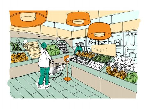 Grocery Store Drawing, Supermarket Drawing, Inside Grocery Store, Supermarket Interior, Store Drawing, Architecture Symbols, Interior Architecture Sketch, Bread Fruit, Perspective Sketch