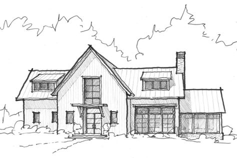 Modern Farmhouse Drawing, Easy Building Sketches, Modern House Drawing Sketches, House Sketch Architecture, House Drawing Sketches, Modern House Sketch, Farmhouse Drawing, Farmhouse Sketch, Dream House Sketch