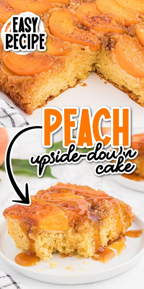 Peach upside-down cake is a moist and buttery cake, topped with juicy peaches sweetened with a delicious brown sugar glaze. Peach Topping, Upside Down Apple Cake, Peach Upside Down Cake, Peach Recipes, Dump Cakes, Brown Sugar Glaze, Summer Baking, Peach Desserts, Peach Cake