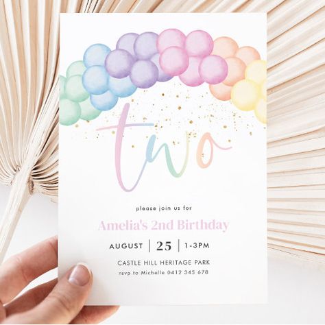 Pastel Rainbow Balloon Arch 2Nd Birthday Party Invitation #zazzle #weddinginvitations #birthdayinvitations #babyshowerinvitations #zazzleinvitations #monogram #businesscards #graduation #homedecor Pastel 2nd Birthday Party, 2nd Birthday Rainbow Theme, 2nd Birthday Invitations Girl, 2 Year Birthday Theme Girl, Pastel Rainbow Balloon Arch, Pastel Invitation, Pastel Rainbow Birthday, 2nd Birthday Invite, 2nd Birthday Girl