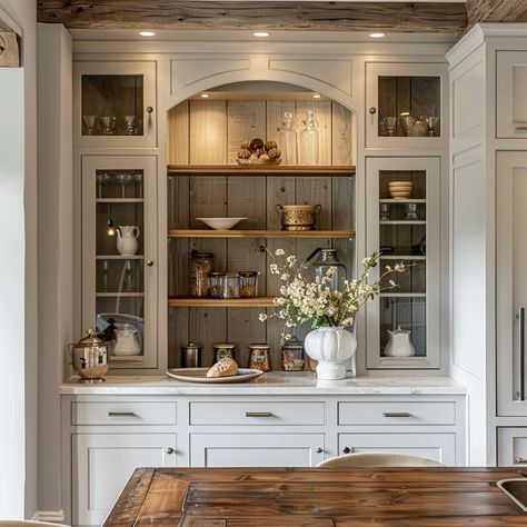 Dining Room Built In Cabinets Around Window, Dining Room Built Ins Around Window, Built In China Cabinet Kitchen, Dining Room Hutch Built In, Hutch Bar Ideas, Built In China Cabinet Dining Room, Hutch Decorating Ideas Display, Dining Room Cabinets Built In Buffet, Built In Hutch Kitchen