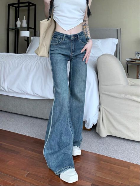 Striped Bell Bottoms, Low Rise Flare Jeans, Jeans For Women, Slim Fit Trousers, School Life, Jeans Women, Fashion Outfit, Bell Bottoms, Flare Jeans