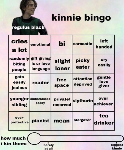 Which Marauder Are You Template, Sirius Black Kinnie Bingo, Regulus Black Kinnie Bingo, James Potter Kinnie Bingo, Marauders Kinnie Bingo, Remus Lupin Kinnie Bingo, Kinnie Bingo Template, Regulus Kinnie, Regulus Black Kinnie