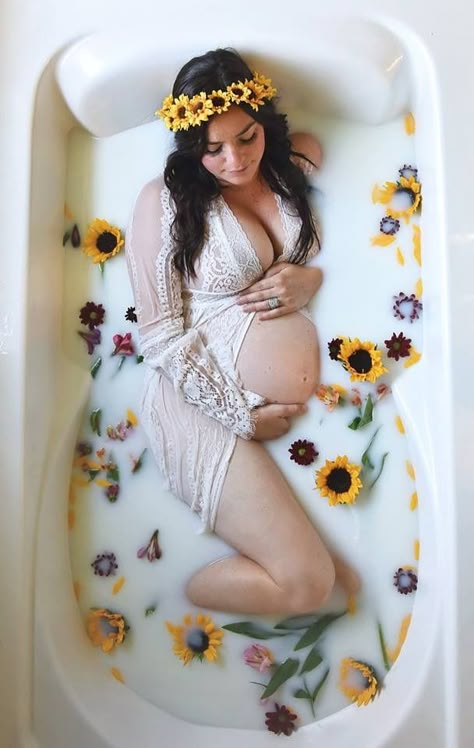 Milk bath maternity photography sunflowers! Maternity Pictures In Bathtub, Flower Bath Maternity Shoot, Maternity Milk Bath Poses, Bathtub Photoshoot Maternity, Maternity Photography In Bathtub, Maternity Bath Photoshoot, Floral Milk Bath Maternity, Maternity Shoot Milk Bath, Pregnant Bathtub Photoshoot