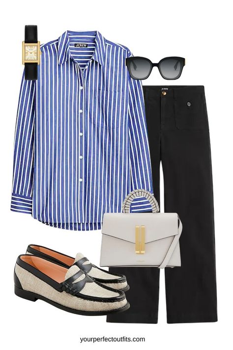 spring outfits, casual spring look, chic spring outfits, spring capsule wardrobe Striped Shirt Outfit Work, Blue Striped Shirt Outfit Work, Style A Striped Shirt, Blue Stripe Shirt Outfit, Blue Striped Shirt Outfit, Outfits With Striped Shirts, Chic Shirts, Blue Striped Shirt, Spring Look