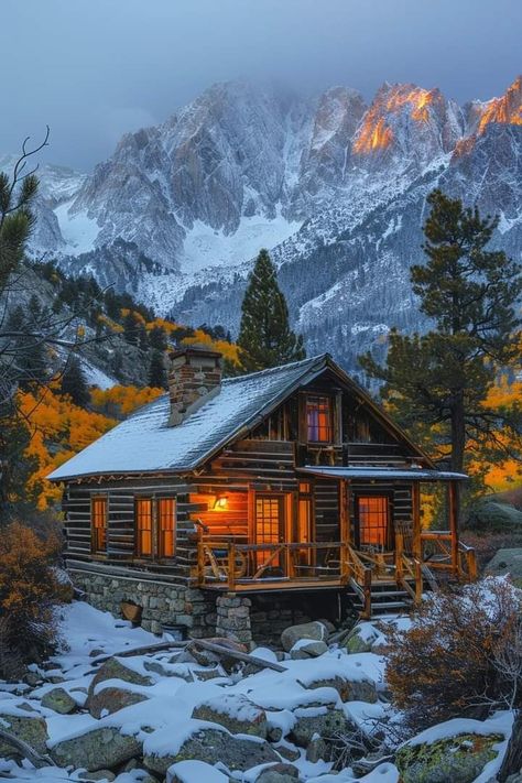 Cabins In Winter, Snowy Cabin Aesthetic, Snowy Mountain Cabin, Canadian Cabin, Winter Log Cabin, Canada Homes, Canada Cabin, Alpine Cabin, Alaska Cabin