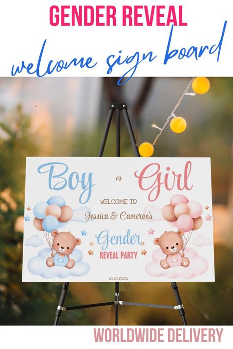 Gender reveal party welcome sign board teddy bear with balloons boy or girl pink and blue welcome Gender Reveal Teddy Bear Theme Centerpieces, Blue Welcome Sign, Teddy Bear With Balloons, Gender Reveal Decor, Bear With Balloons, Teddy Bear Theme, Party Welcome Sign, Gender Reveal Decorations, Party Stationery