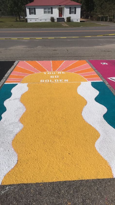 Harry styles theme parking spot Sun Parking Spot Painting, Harry Styles Parking Spot Painting, Chalk Art Parking Spot, Sunset Parking Spot Painting, Painted Sidewalk, Senior Parking Spaces Harry Styles, Senior Parking Space Ideas Harry Styles, Aesthetic Parking Spot Painting, Harry Styles Parking Spot