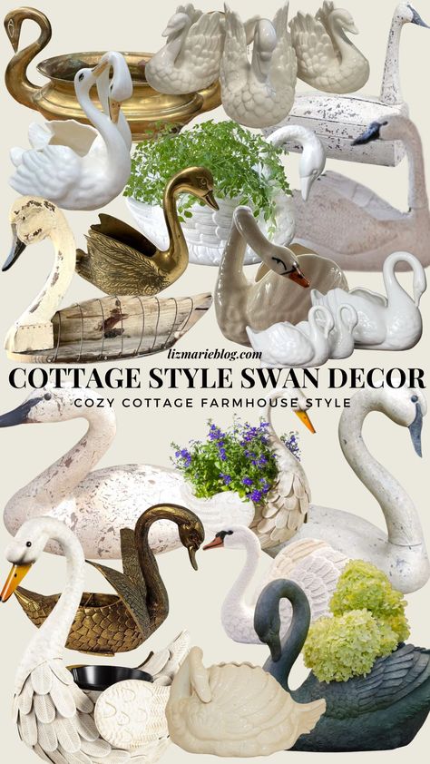 antiques Archives - Liz Marie Blog Swan Decor Vintage, Swan Planter Ideas, Decorating With Birds, Antique French Decor, Swan Decoration, Cozy White Cottage, 50s Decor, Swan Art, Swan Planter