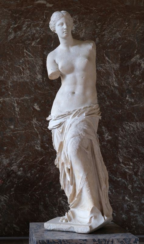 Aphrodite of Melos is a Greek sculpture of the goddess Aphrodite made during the Hellenistic Age of Greece. Produced by Alexandros of Antioch around 150-100 BCE, the marble sculpture seeks to give Venus a resemblance of flesh while illustrating her voluptuous charms. The piece is a good example of how Greek sculptors during the Hellenistic Age began to produce more naturalistic and illusionistic pieces compared to the more rational pieces of the Classical Age. Greek Goddess Statue, Hellenistic Art, Greek Mythology Statue, Aphrodite Goddess, Greek Mythology Gods, Roman Statue, Goddess Sculpture, Classic Sculpture, Greek Statues