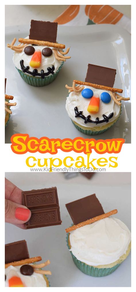 Scarecrow Rice Krispy Treats, Scarecrow Pudding Cups, Scarecrow Pull Apart Cupcakes, Scarecrow Cupcake Cake, Scarecrow Snack, Making Scarecrows, Scarecrow Treats, Scarecrow Cupcakes, Cupcakes For Fall