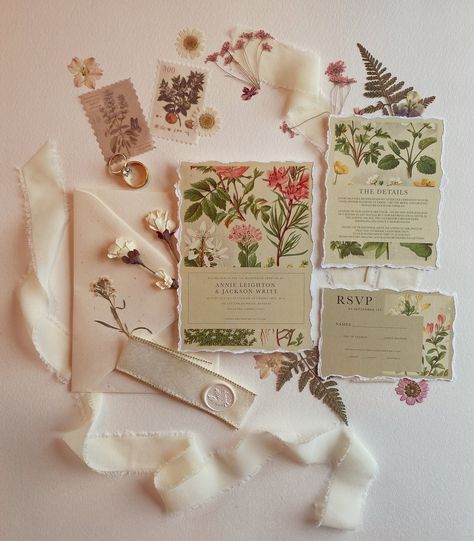 The Vintage Botanical Suite exudes a charming appeal, further enhanced by the deckled edges version. The use of 100% Cotton Paper imparts a soft vintage feel to the suite. You have the flexibility to tailor this suite to your unique wedding style, including color scheme, font selection, and envelope color to create a cohesive look that matches your wedding preferences. ORDER PROCESS: 1. To order your wedding invitations, select your suite option along with the quantity of invitations you would l Vintage Wildflower Wedding Invitations, Enchanted Forest Wedding Invitation, Simple Summer Wedding Invitations, Wild Flower Invitations, Vintage Wildflower Wedding, Fairy Wedding Invitations, Vintage Wedding Invites, Vintage Invitation Card, Vintage Botanical Wedding