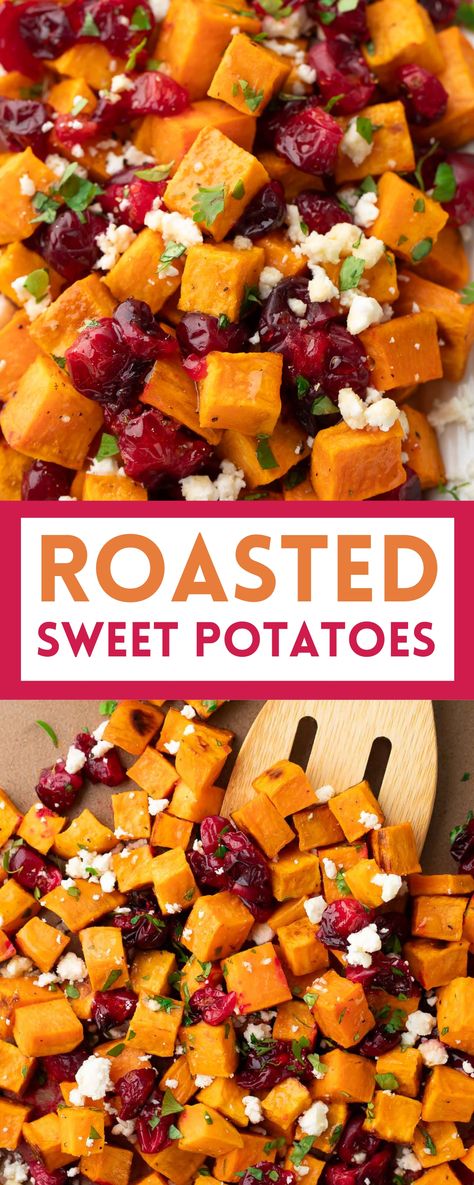 roasted sweet potatoes and cranberries topped with feta and parsley Potluck Sweet Potato Recipes, Sweet Potato Feta Cranberry, Roasted Sweet Potatoes And Kale, Hot Veggie Dish Thanksgiving Sides, Roasted Sweet And White Potatoes In Oven, Sweet Potato Cranberry Bake, Sweet Potato Cranberry Feta, Sweet Potato And Cranberry Recipes, Sweet Potatoes With Cranberries