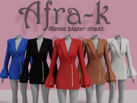 Afra K Sims 4, Sims 4 Blazer, Sims Boutique, Clothes Sketch, Black Simmer, Flair Sleeves, Female Sims, San Myshuno, Alpha Cc