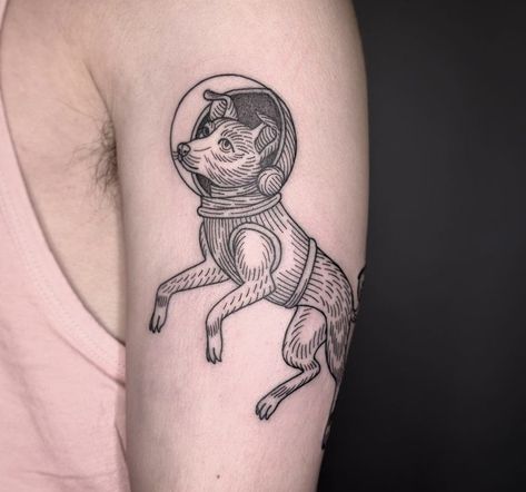 Laika Dog Tattoo, Dog In Space Tattoo, Laika Space Dog Tattoo, Isle Of Dogs Tattoo, Space Dog Tattoo, Laika Tattoo, Laika Space Dog, 7 Tattoo, Isle Of Dogs