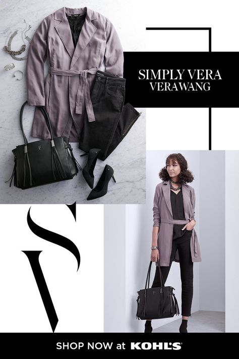 Your new favorite look awaits with spring style inspo from Simply Vera Vera Wang. Start with a black top and black jeans to create a monochromatic base. Layer on a belted jacket for a pop of style that’s perfect for breezy spring days. Complete the look with a classic handbag and a great pair of heels. Shop Simply Vera Vera Wang tops, denim, accessories and more at Kohls.com. #SimplyVera #womensfashion Vera Wang Bags Handbags, Kohls Outfits, Vera Wang Collection, Classic Handbags, Simply Vera Wang, Simply Vera, Belted Jacket, Denim Accessories, Work Looks