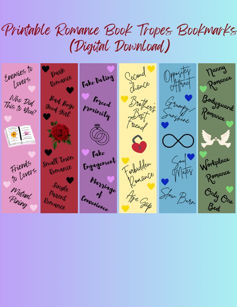 These are bookmarks that have popular romance tropes on them. Romance Book Tropes, Romance Tropes, Book Tropes, Bookmarks For Books, Lovers Romance, Bookmark Ideas, Printable Bookmarks, Age Gap, Bookmarks Printable