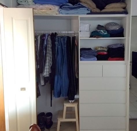 I wanted shelves and wide drawers for my closet. Eventually I hit on the idea of an IKEA hack, using the GALANT shelving unit on top of the MALM dresser. Malm Dresser Closet, Malm Closet Hack, Ikea Closet Hacks, Wardrobe Ikea, Drawers For Closet, Ikea Closet Hack, Closets Ideas, Kallax Shelving Unit, Closet Redo