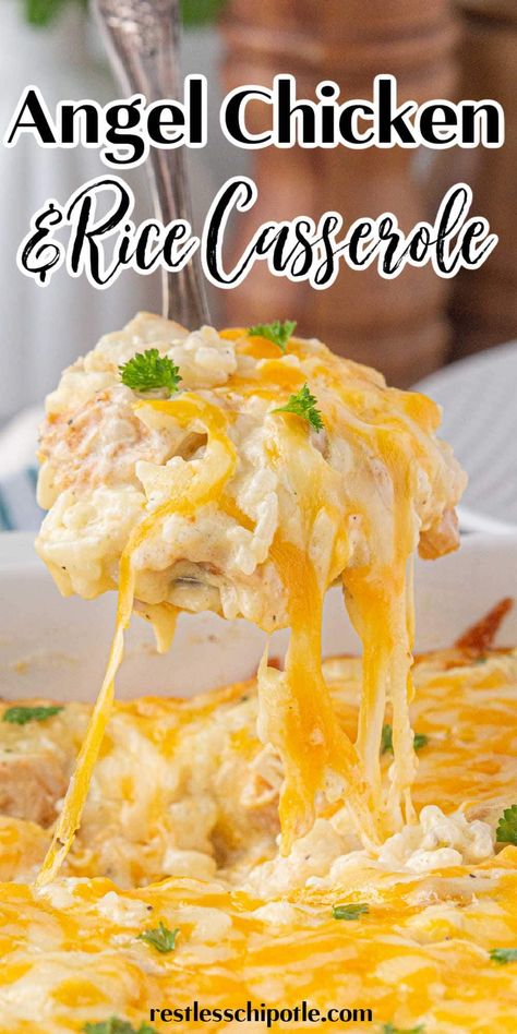 Easy Creamy Angel Chicken and Rice Casserole Recipe - Restless Chipotle Supper Recipes With Rice, Chicken Rice Celery Casserole, Curry Casserole Recipes, Creamy Angel Chicken And Rice, Chicken Rice Sour Cream Casserole, Creamy Angel Chicken, One Pot Cheesy Chicken And Rice, Cheesy Sour Cream Chicken Casserole, Instapot Chicken Casseroles