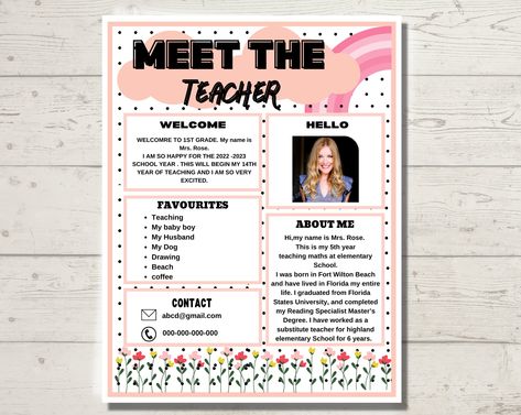 Customizable Meet the Teacher Template for New Educators | Back to School Bio Design ⭐️Are you a new teacher looking to make a lasting impression in your classroom? Look no further! Our Meet the Teacher Template is here to help you create a memorable introduction to your students and their families. ⭐️With this Canva editable template, you can easily customize it to reflect your unique style and personality. Crafting a captivating organic teacher has never been easier! This template allows you t Teacher Bio Examples, Teacher Bio, Teacher Introduction, Bio Design, Introduction Examples, Meet The Teacher Template, Teaching Philosophy, Language Arts Teacher, Teacher Templates