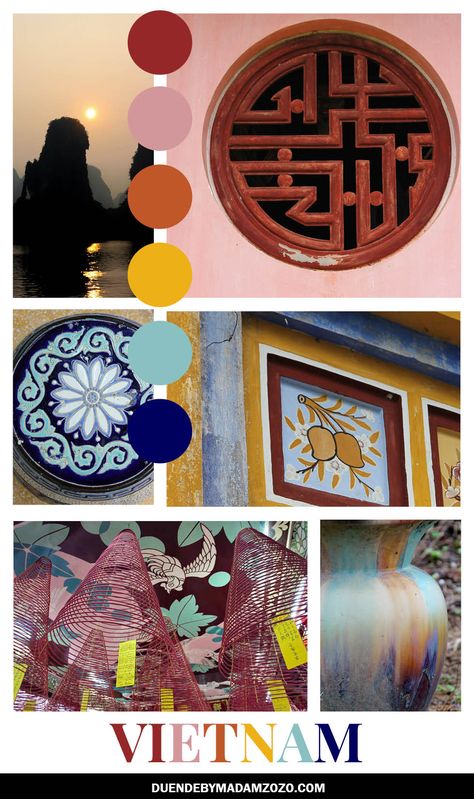 If you can't go to Vietnam, bring Vietnam to you! Indochine Dream - a mood board of colours and motifs from Vietnam. Inspired by travel around Hanoi, Ha Long Bay, Hoi An, Hue, Ho Chi Minh City and the Mekong Delta.    #vietnam #moodboard #colorpalette #colourscheme #vietnamaesthetic Vietnam Moodboard, Indochine Texture, Vietnam Decor, Vietnam Pattern, Mekong Delta Vietnam, Ancient Vietnam, Indochine Style, Presentation Board Design, Beautiful Vietnam