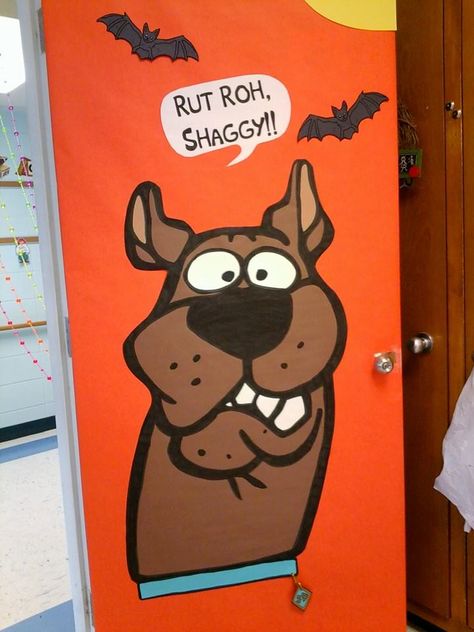 Scooby doo halloween door at the BCLC Scooby Doo Halloween Door, Halloween Door Decs, Scooby Doo Decorations, Decoration Ideas For Halloween, Ideas For Halloween Party, Halloween Door Decorations Classroom, Doors Decoration, Halloween Classroom Door, Black Halloween Wreath