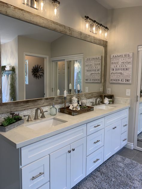 Mirror Over Tub Master Bath, Farmhouse Master Bath With Makeup Vanity, Mirror In Bathroom Ideas Master Bath, Rustic Master Bath Country, Double Sink Decor Master Bath, Double Sink Mirrors Master Bath, Master Bath Double Mirrors, Country Chic Master Bath, French Country Master Bath Bathroom