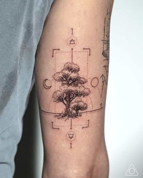 Geometric Tattoo Template, Geometric Tattoo Half Sleeve, Geometric Tattoo Stencil, Tree Silhouette Tattoo, Small Geometric Tattoo, Cosmos Tattoo, Tree Tattoo Forearm, Oak Tree Tattoo, Inner Forearm Tattoo