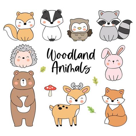 Woodland Animal Doodles, Woodland Cute Animals, Doodle Of Animals, Animal Characters Illustration, Cartoon Woodland Animals, Cartoon Forest Animals, Forest Animal Drawings Easy, Forest Animal Doodles, Cute Forest Animals Drawing