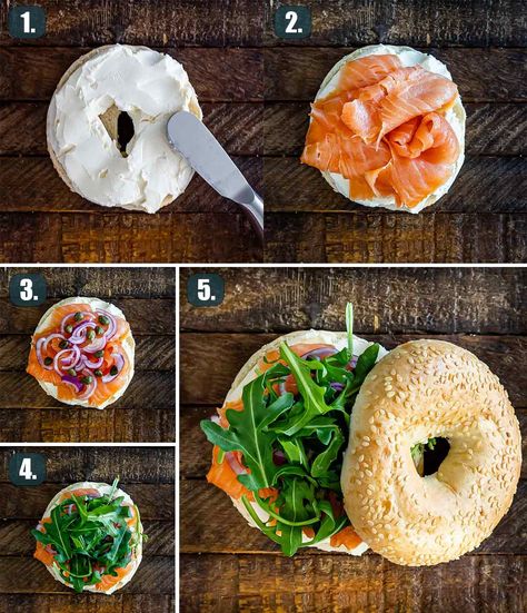 Bagel Fillings Ideas Lunch, Bagel With Salmon, Lunch Bagel Ideas, Cream Cheese Bagel Ideas, Sweet Bagel Ideas, Bagel Recipe Sandwich, Salmon Bagel Breakfast, Bagel Fillings Ideas, Salmon Cream Cheese Bagel