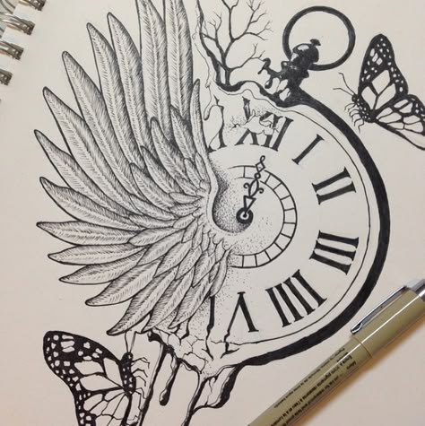 Time Flies Tattoo, Flies Tattoo, Time Clock Tattoo, Scandinavian Tattoo, Fly Drawing, Watch Drawing, Flying Tattoo, Animal Tattoo Ideas, Realistic Tattoo Sleeve