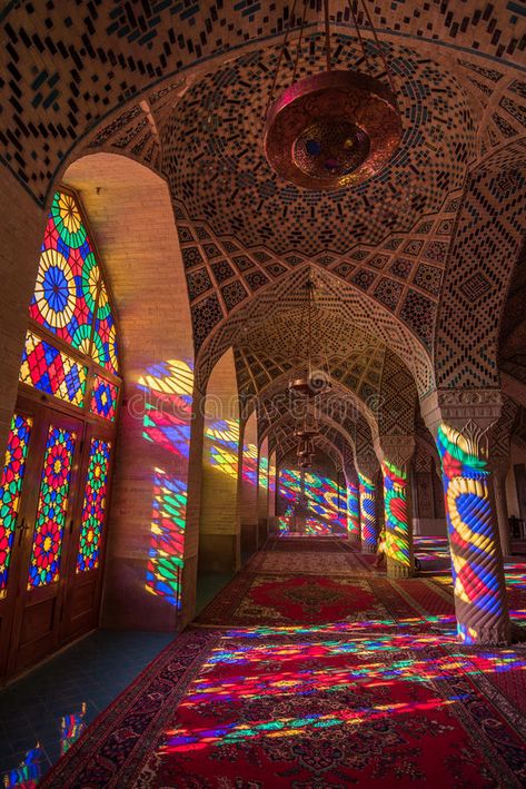 Nasir Al-Mulk Mosque in Shiraz, Iran. SHIRAZ, IRAN - OCTOBER 23, 2016 : Colorful light through stained glass window inside Nasir Al-Mulk Mosque Pink Mosque, a royalty free stock photos Pink Mosque, Shiraz Iran, African House, Iranian Architecture, Persian Architecture, Mosque Art, Cathedral Architecture, Architecture Design Drawing, Persian Culture