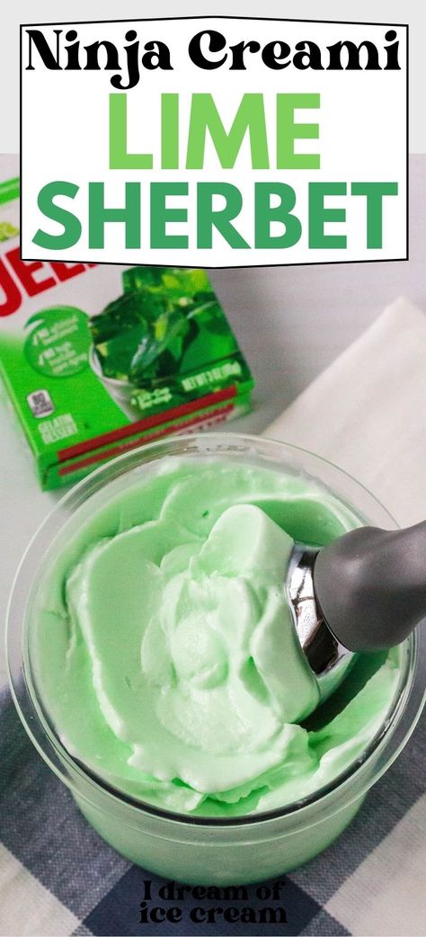 If you need an easy lime sherbet recipe for your Ninja Creami machine, this is it! Made with lime Jello®, it's a deliciously creamy treat that comes together quickly. Lime Jello Recipes Desserts, Ninja Creami Lime Sorbet, Ninja Creami Lactose Free Recipes, Ninja Creami Lime Sherbert, Ninja Creami Frosted Lemonade, Key Lime Ninja Creami, Ninja Creami Sherbet, Sherbet Recipes Ice Cream Maker, Ninja Creami Recipes For Kids